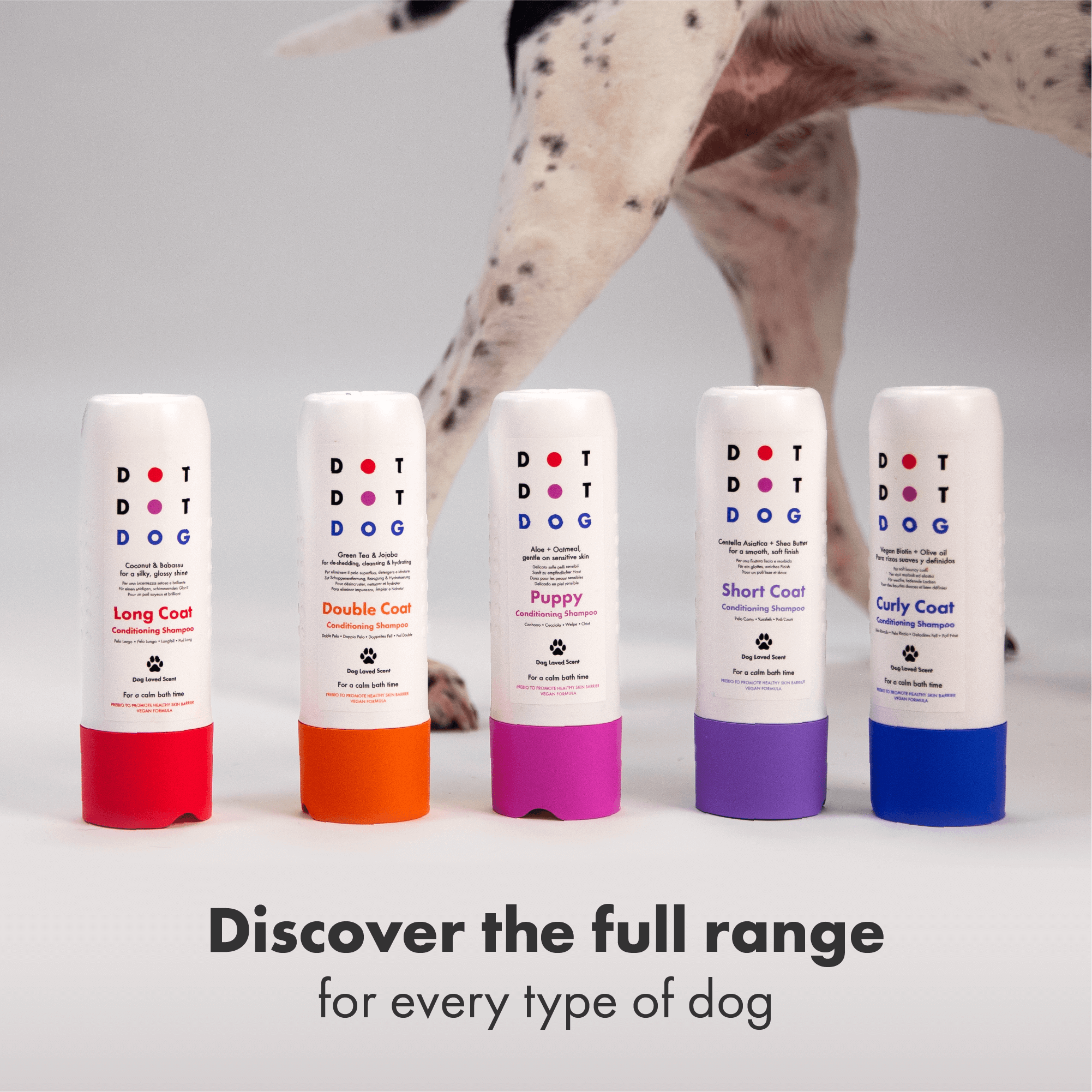 Discover the full range of DotDotPet shampoos formulated by coat type - deshedding, detangling, volumising