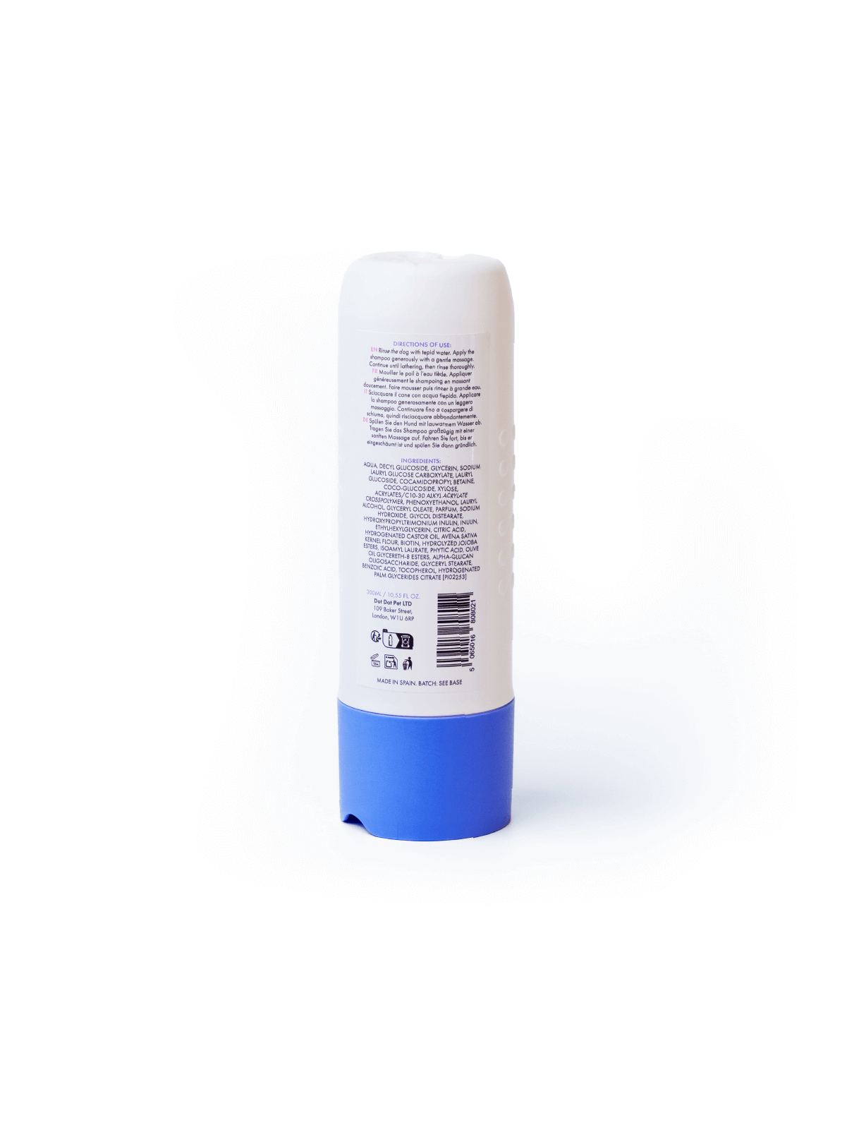 Back of the 3 in 1 volumising conditioning shampoo for curly haired dogs with prebiotic for healthy skin, vegan no nasties formulation, dog loved fragrance for calm bath time, neofresh technology for smelly dogs