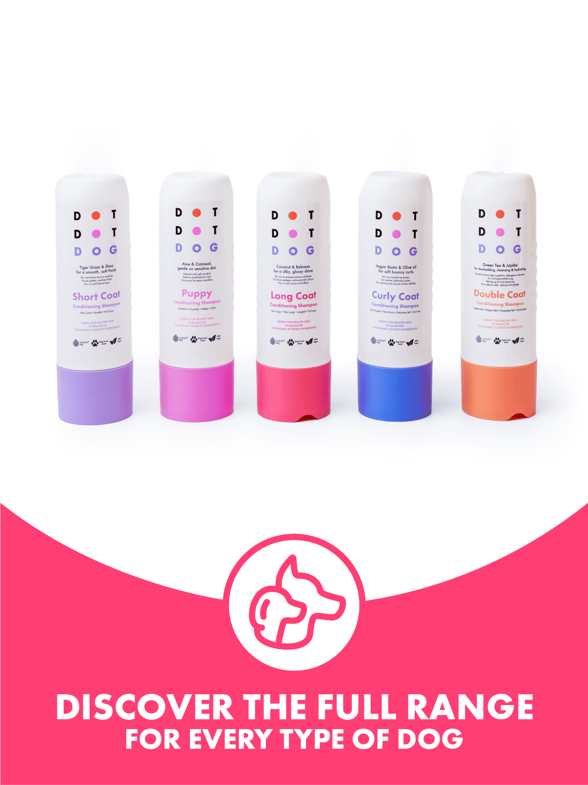 Full range of DotDotPet shampoos with prebiotic for healthy skin, vegan no nasties formulation, dog loved fragrance for calm bath time, neofresh technology for smelly dogs