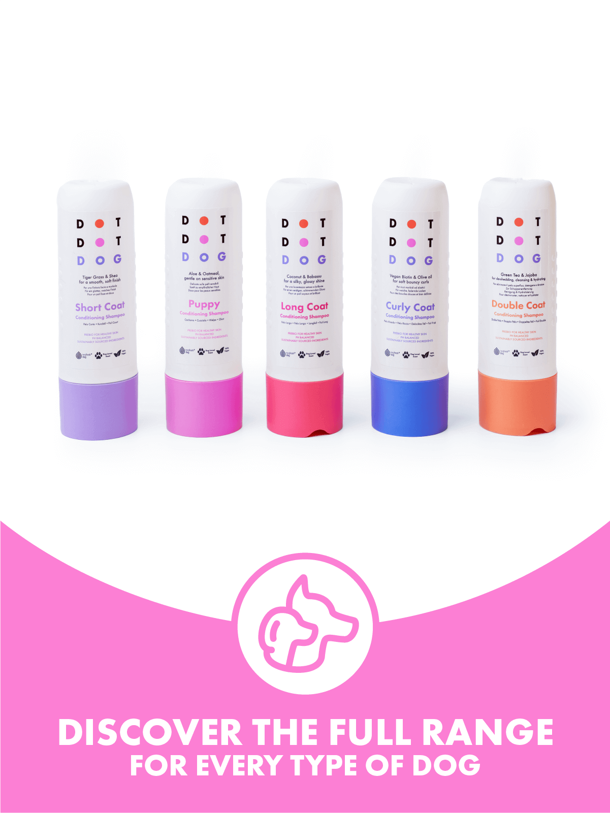 DotDotPet's shampoo range with prebiotic for healthy skin, vegan no nasties formulation, dog loved fragrance for calm bath time, neofresh technology for smelly dogs