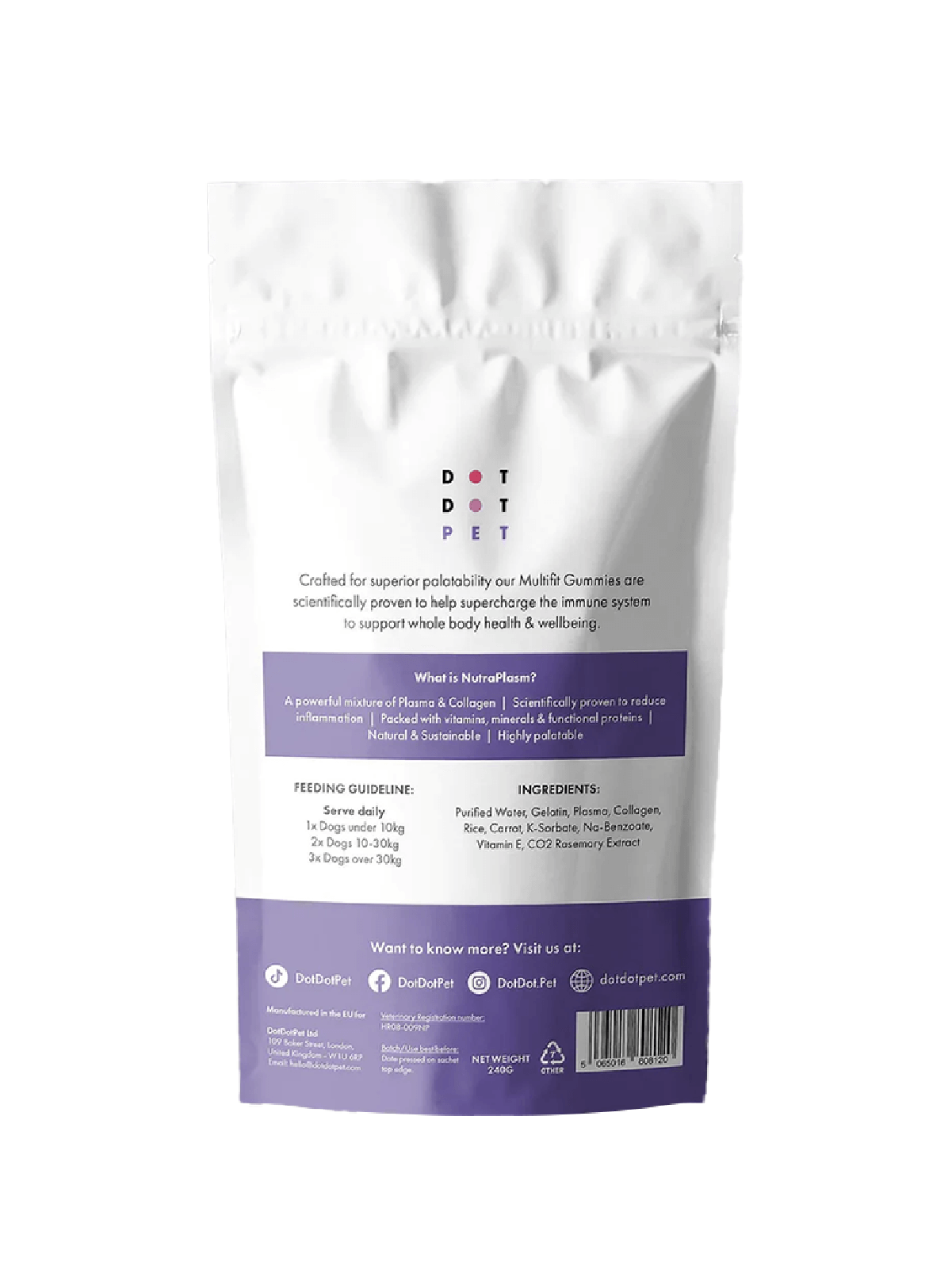 Back of the Multifit Gummies Dog supplement pack immune boosting whole body health good for skin and coat, gut health and mobility, natural high protein ingredients, packed full of vitamins for your dog